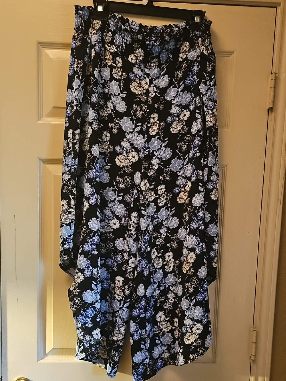 Cato Black Wide Leg Pants with Blue & White Floral Print